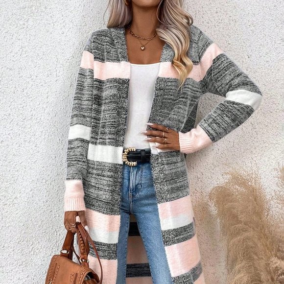 Multicolor Boho Womens Color Block Open Front Cardigan - Picture 2 of 5